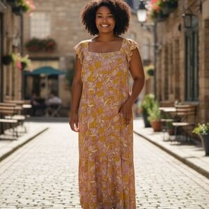 Knox Rose NWT Deadstock Floral Yellow Pink White Maxi Dress Asymmetrical Hem XXL